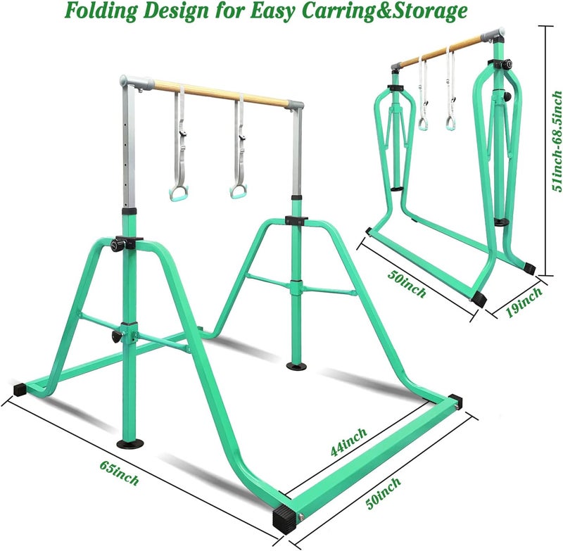 GLANT Gymnastics Bar for Kids with Rings Set, 7 Heights Adjustable Easy Folding Gymnastic Training Bar Kids Monkey Horizontal Bars - Max Load 300LBS - Image 3